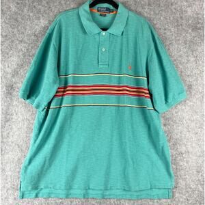 VTG Polo Ralph Lauren Polo Shirt Men 2XLT Teal Striped Textured Short Sleeve 90s